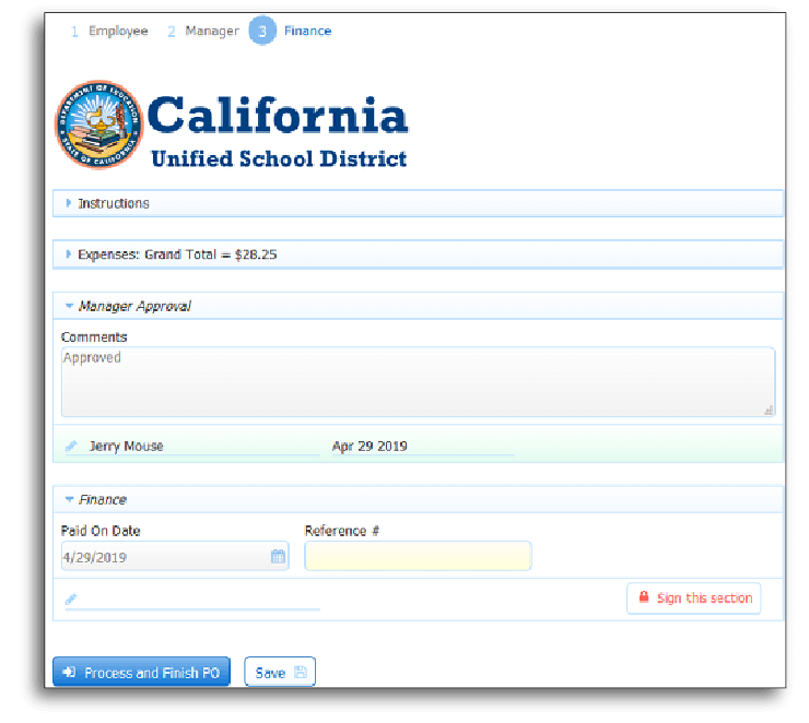Form section that the finance department sees