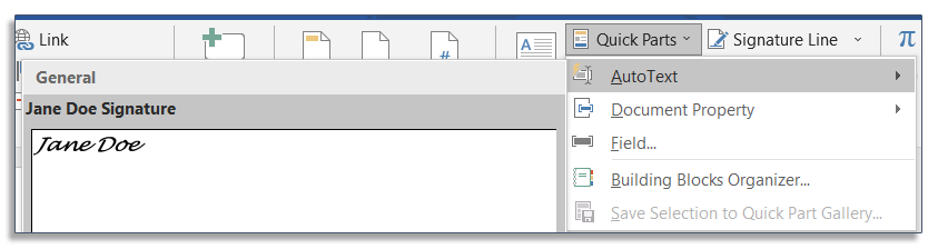Jane Doe signature shown under Insert > QuickParts > AutoText
