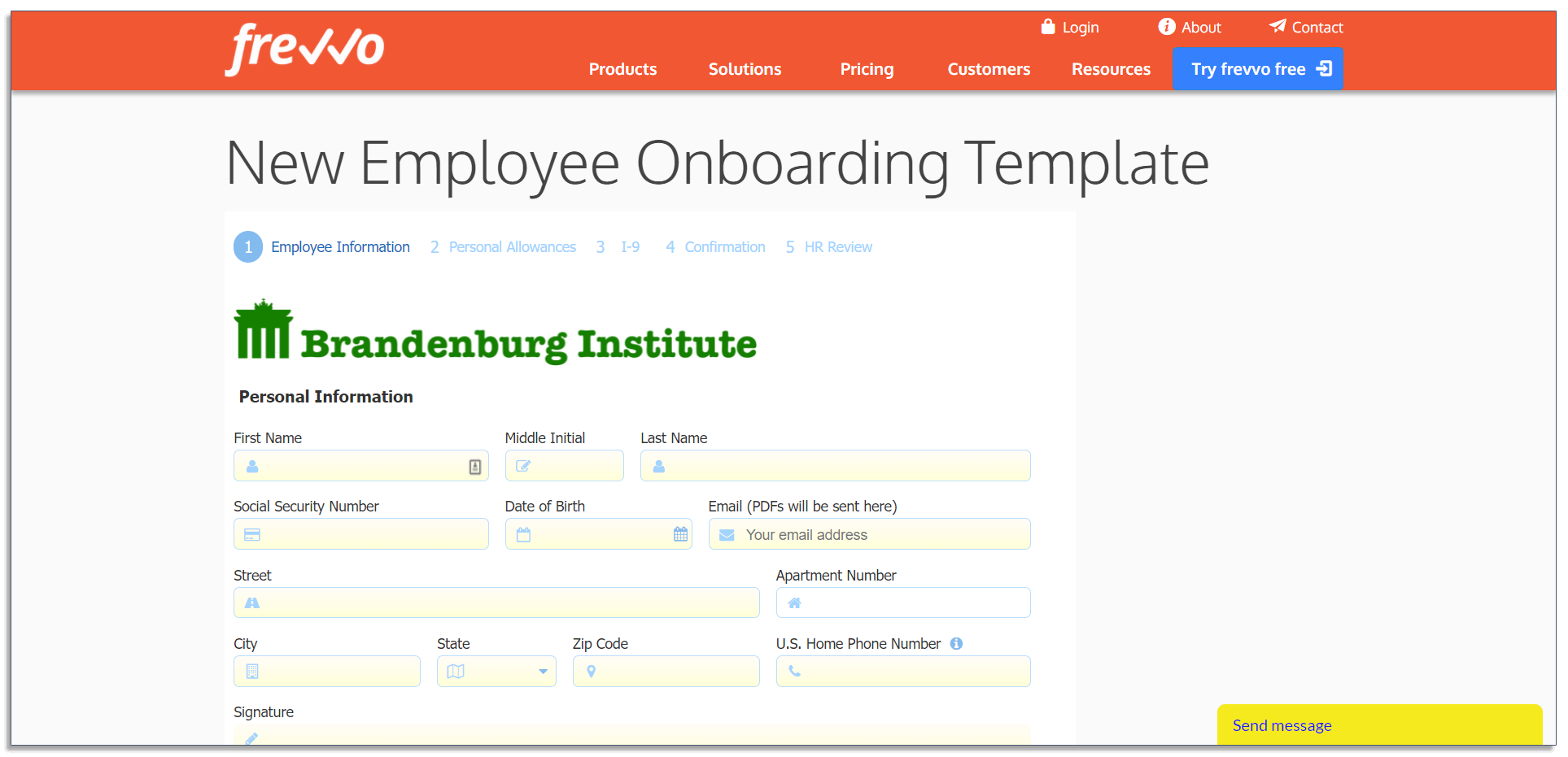 Employee onboarding template in frevvo