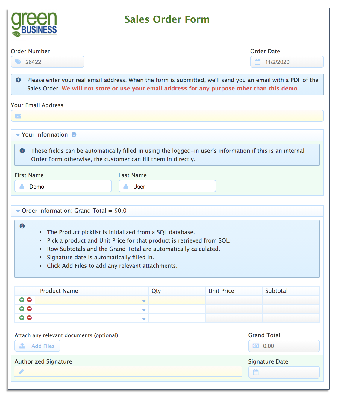 Sales order form with SQL database integration