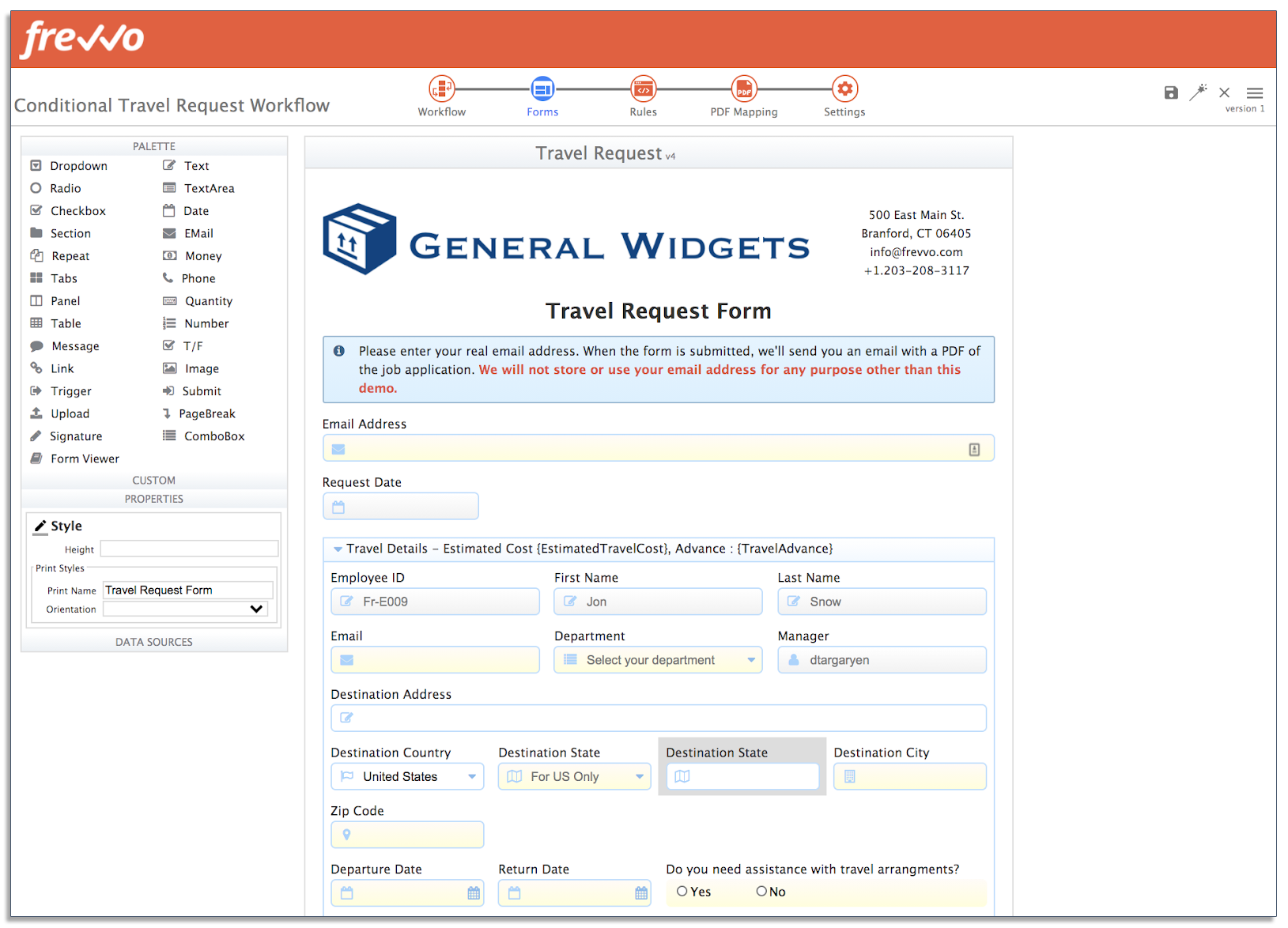 Travel Request form in frevvo