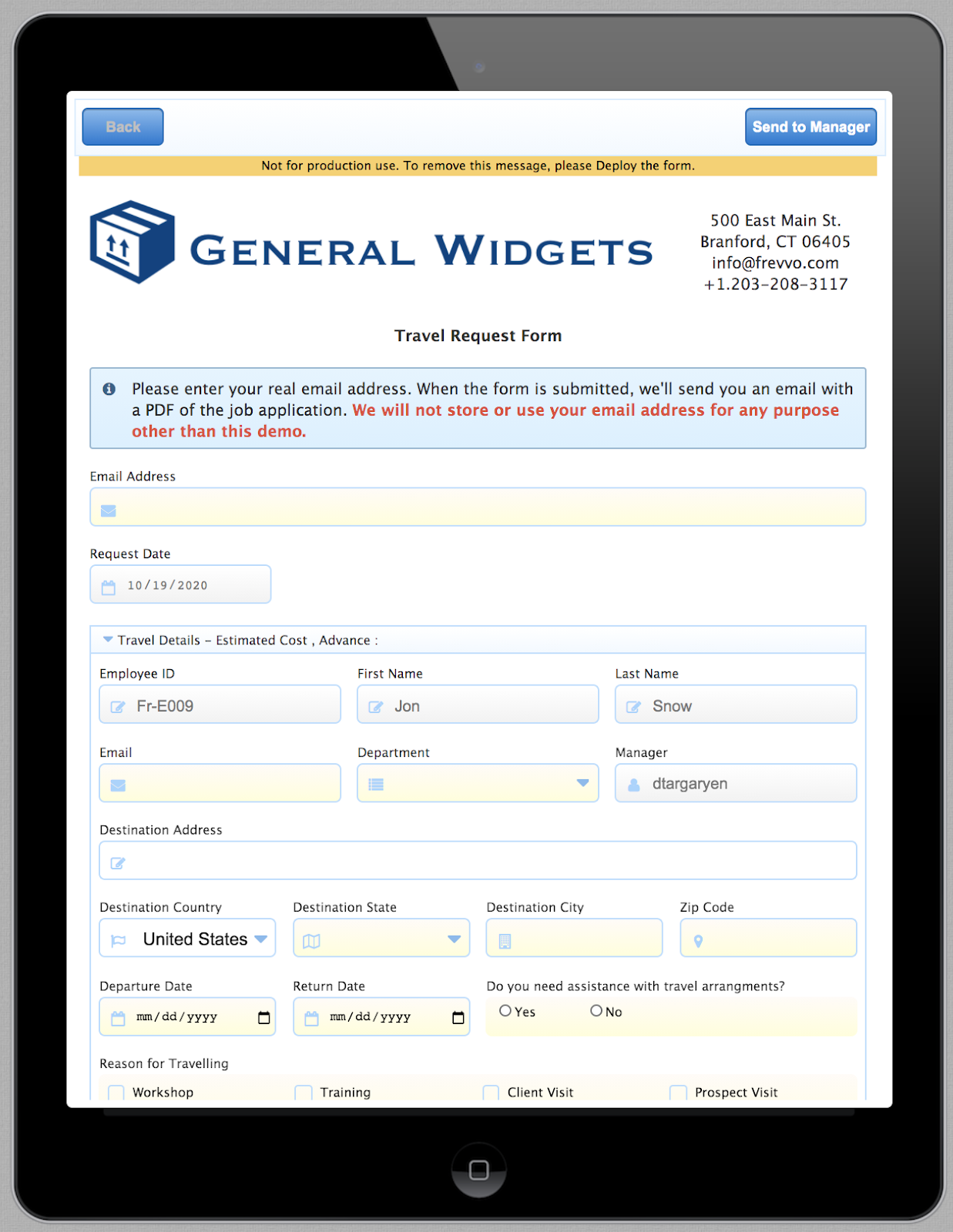 Travel Request form on a tablet