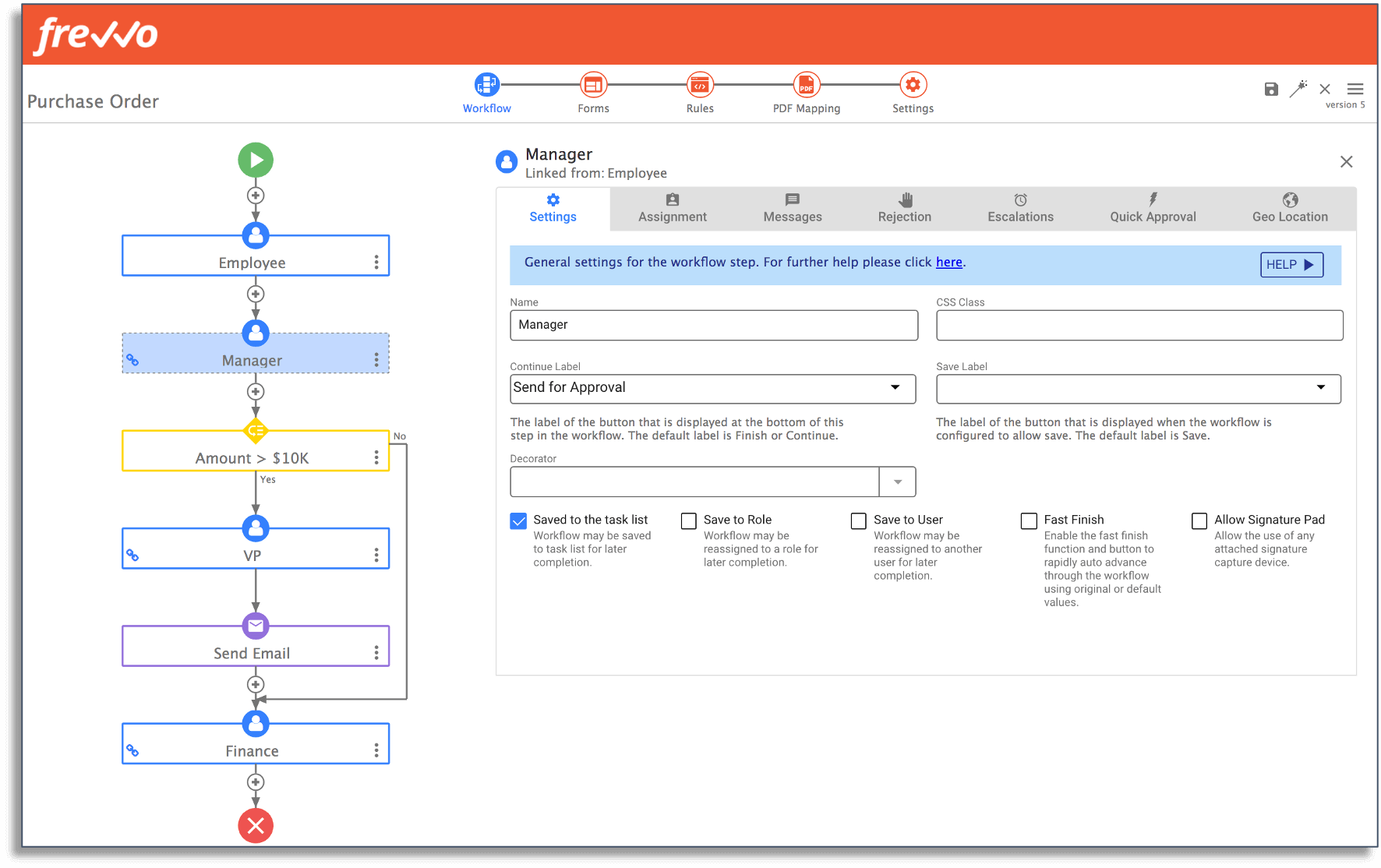 Purchase order workflow automation in frevvo