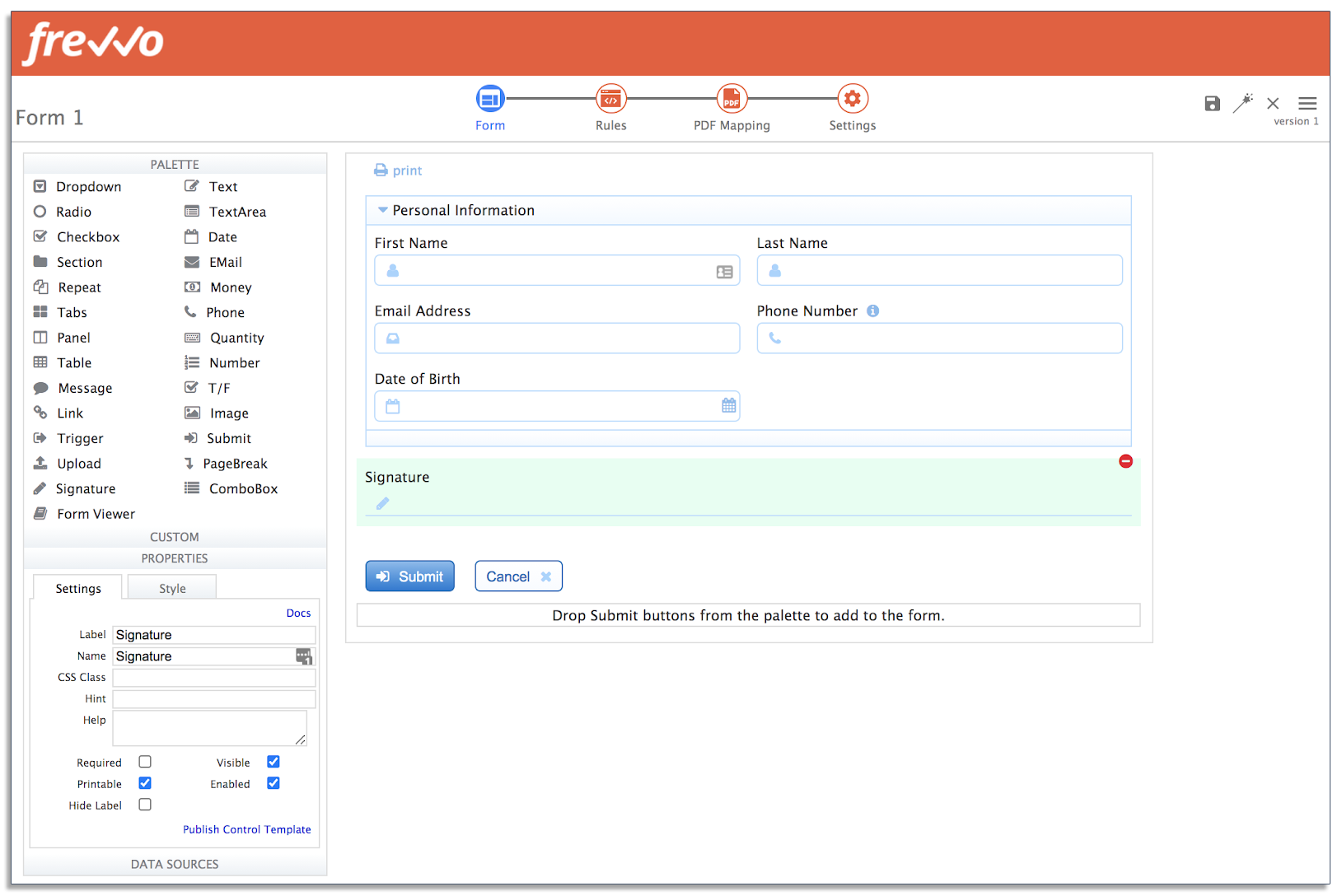 Add a Signature Control in frevvo