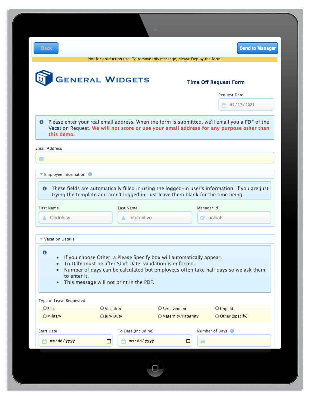 Testing a leave request employee in frevvo
