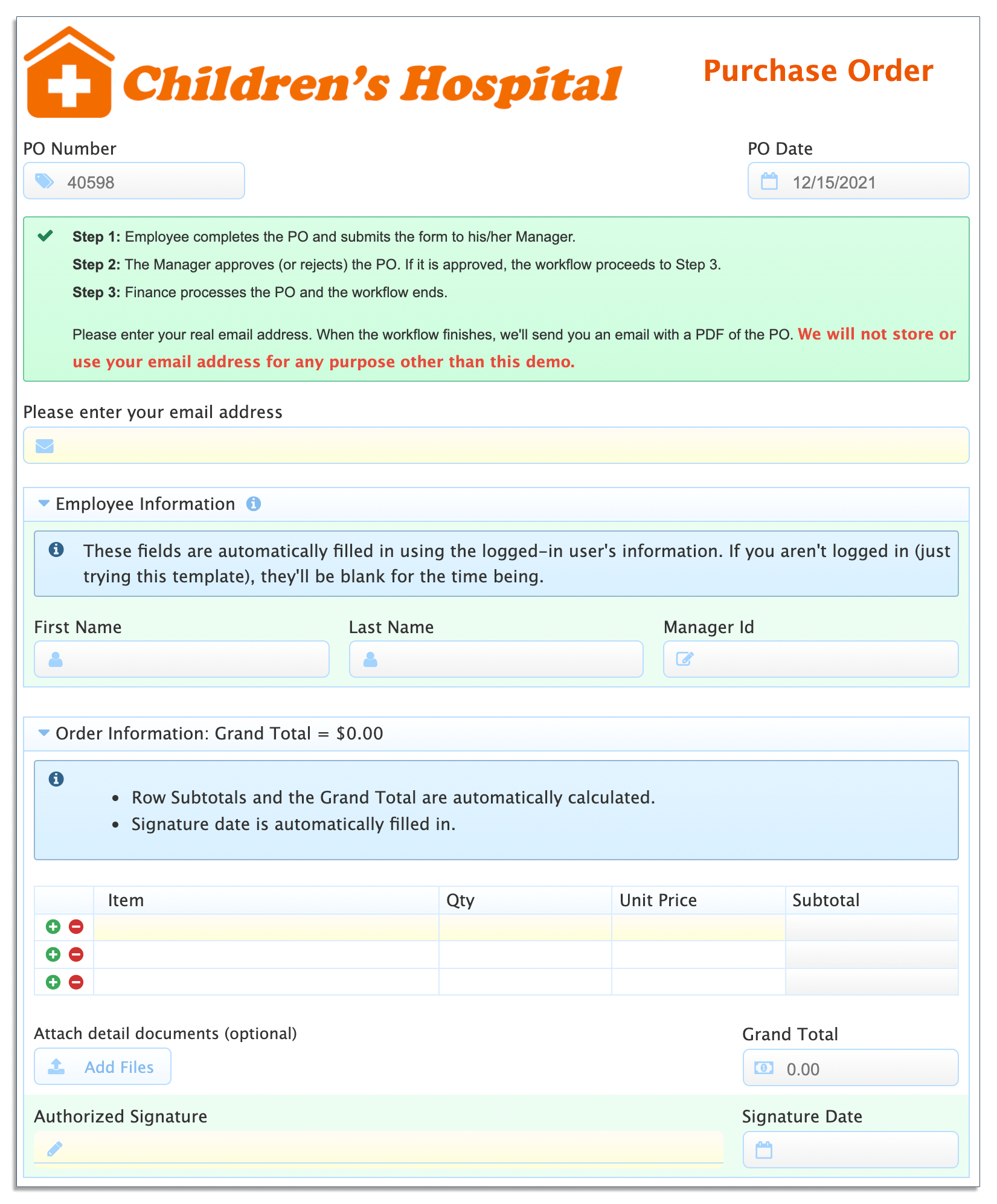 Example of a purchase order form