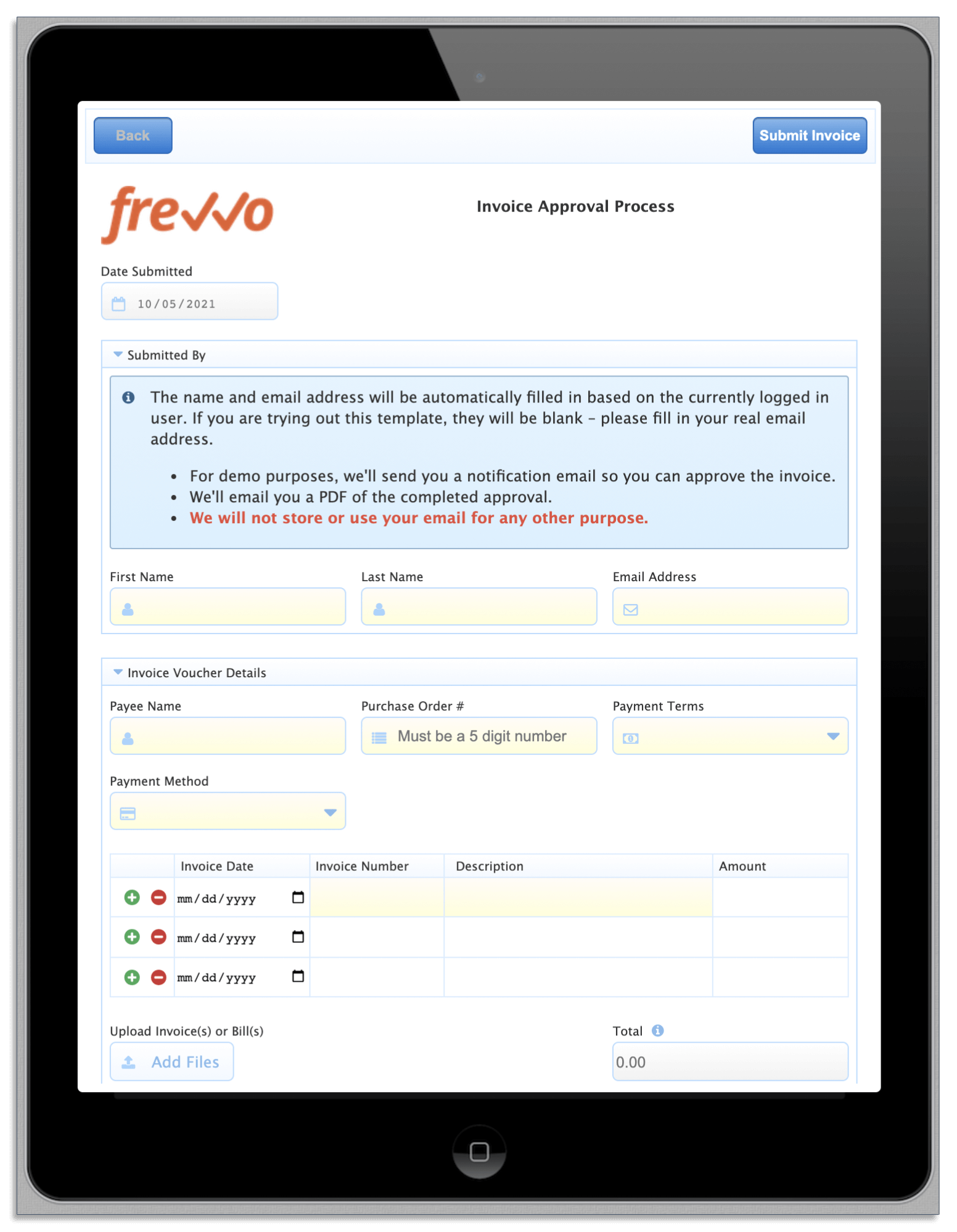 Mobile preview in frevvo Mobile preview for invoice approval forms in frevvo