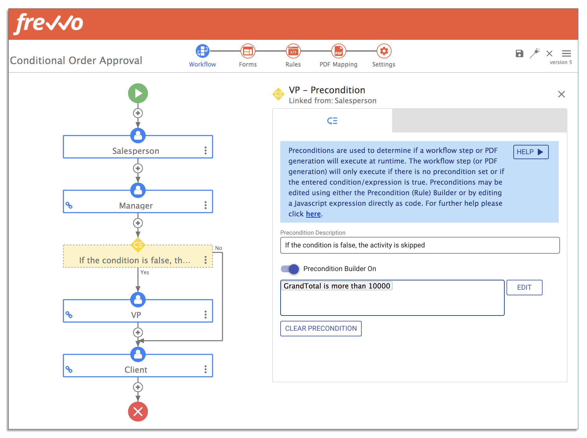 frevvo dashboard for a conditional order process