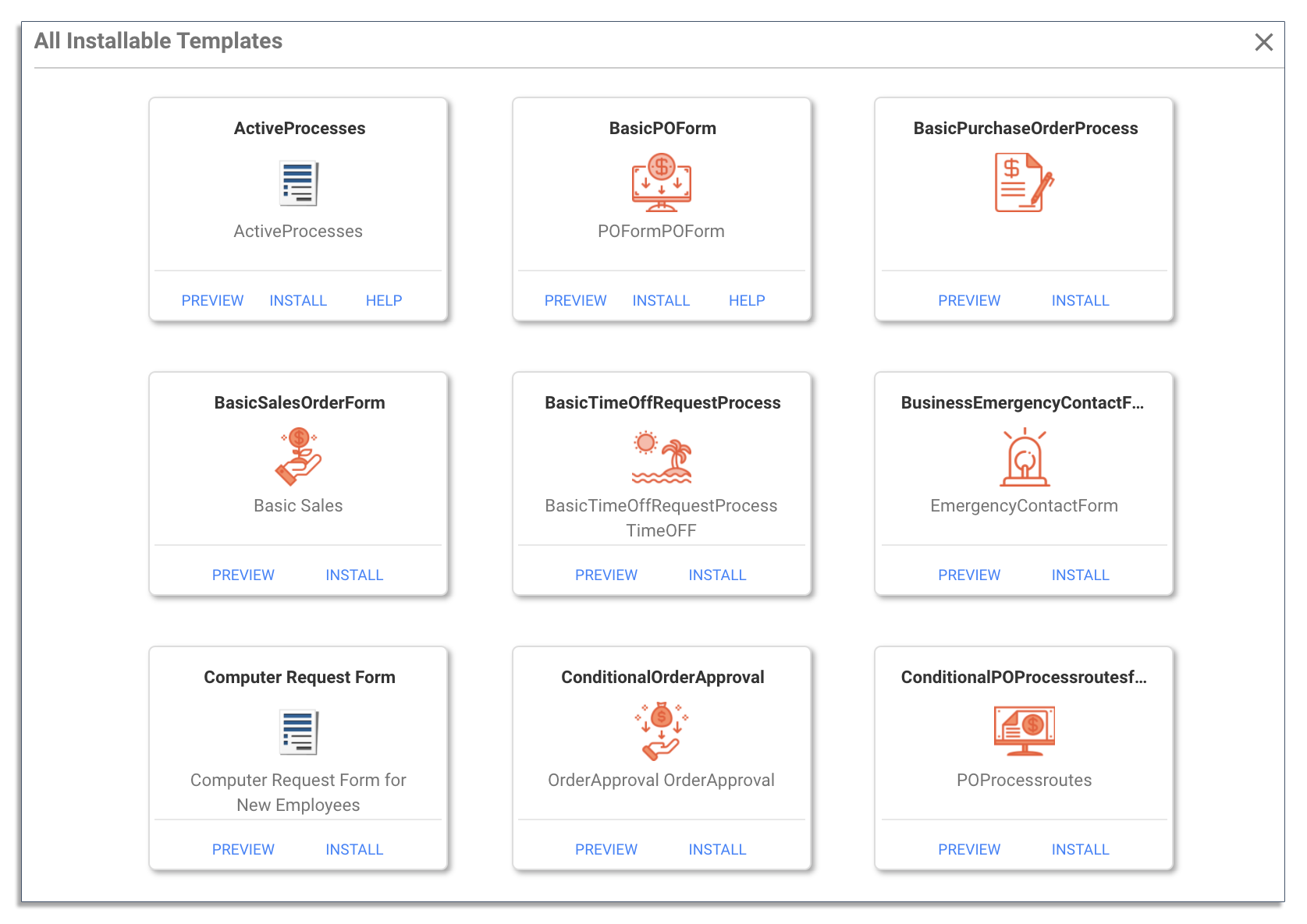 Available workflow templates in frevvo