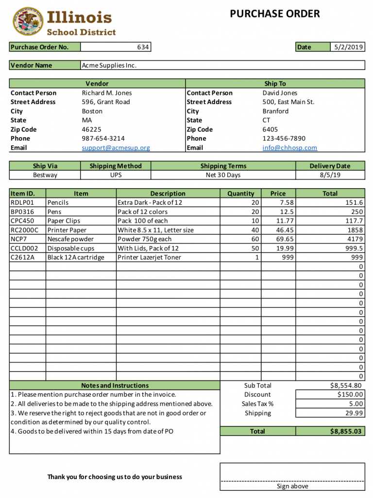 A typical purchase order form.