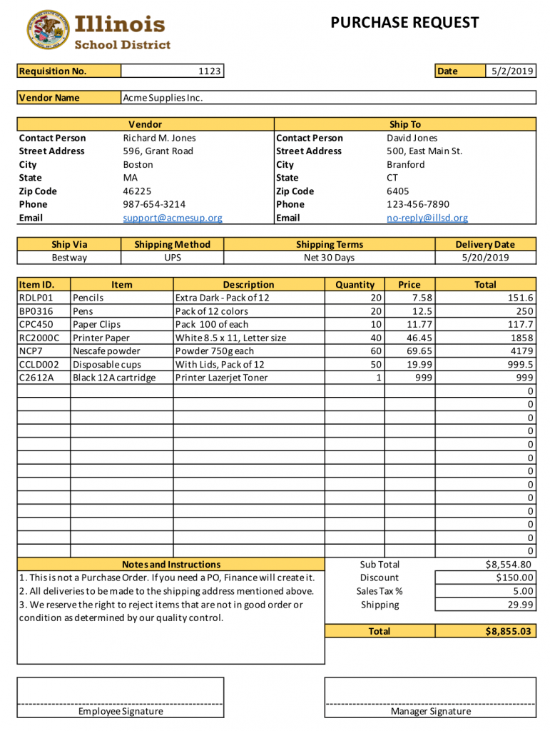 Typical purchase requisition in Excel.
